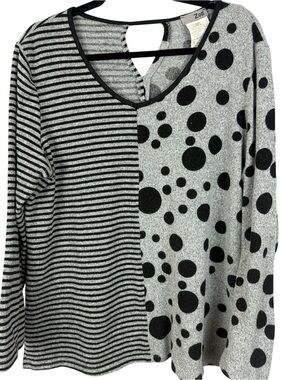 ZOE Mixed Pattern Knit Top Grey Black Striped Polka Dot Cutout Back Size TG/XL